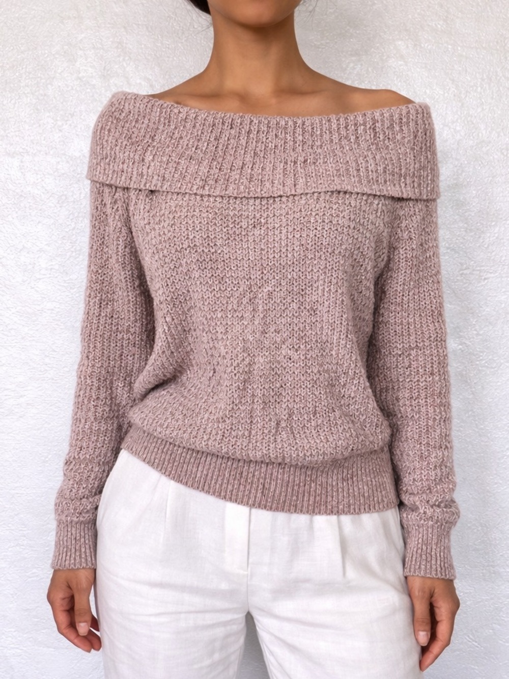 Free People Off Shoulder Knit Sweater Blush Pink Medium Cozy Soft Quiet Luxe